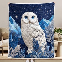 Winter Owl Lover Gift Quilt Blanket, Quilted Snowy Owl Bedspread, Starry Night Mountain Quilt Throw 