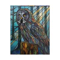 A grey owl standing in a fantasy forest / Stained glass puzzle art / Public domain Q design used