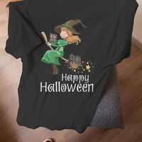 Witch with Owl and Cat Halloween Graphic T-Shirt for Women, Spooky Magician Design with Green Letter