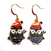 Gold Christmas Owl Earrings: Brown Enamel