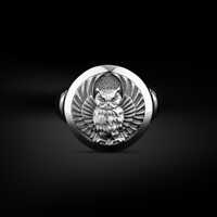 Owl The Sign of Wisdom Signet Ring for Men in Sterling Silver, Tiny Bird Ring for Nature Polished Si