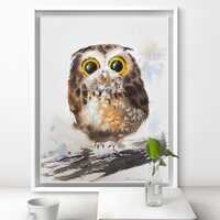 Original Watercolor Baby Owl Painting, Amber-Eyed Owlet Art (8x10 in)