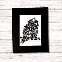 Owl Linocut Print: Hand-Carved Art with Black Mat (8x10)
