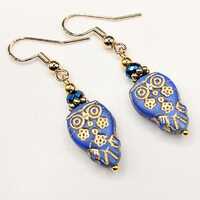 Owl Earrings: Cornflower Blue, Dainty Royal Cobalt Blue Gold Glass Beads, Hypoallergenic Ear Wires, 
