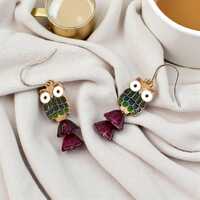 owl earrings with purple flower beads, hypoallergenic, lightweight, about 2.5 inches long