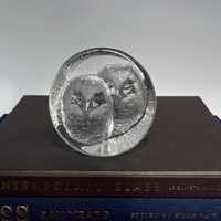 Owl Paper Weight, Vintage Mats Jonasson Signature Collection Crystal Hand Made,signed/ label Sweden