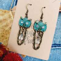 Woodland Wisdom Owl Earrings – Patina Owl Dangle Earrings with Quartz Teardrops | Whimsical Na