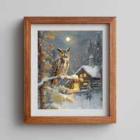 Horned Owl Winter Scene Print – Snowy Cabin Art (Digital Download