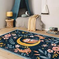 Night Sky Girls Rug: Owl and Floral Design (Soft, Non-Slip)