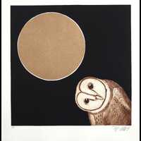 Midnight Owl, black night with gold moon, linocut and collagraph print by Mariann Johansen-Ellis