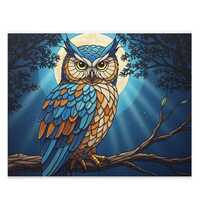Jigsaw Puzzle, Mystical Stained Glass Owl with Moonlight, 120/252/500-Piece, Detailed Feathers, Blue