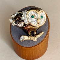 Vintage ATTWOOD & SAWYER Barn Owl Brooch - 22ct Gold Plate and Swarovski Crystal - Signed - c. 1