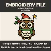 Christmas Owl Embroidery Design: Kawaii Winter Owl with Scarf (Multiple Sizes) (Digital File)