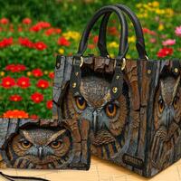 Personalized Owl Handbag & Wallet Set, Custom Name Leather Purse, Forest Tote Bag, Wildlife Art 