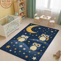 Owl Kids Rug: Night Sky Starry Print, Washable Playroom Carpet