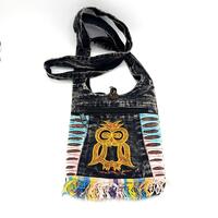 Vintage Handmade Nepal Cotton Acid Wash Bohemian Crossbody Bag Owl Satchel