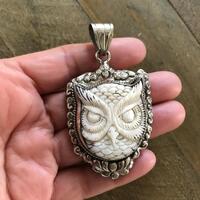 Bone carved owl pendant, handcrafted, Tibetan repousse silver, 71X39 mm
