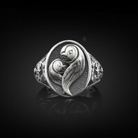Owl Family Engraved Ovcal Silver Signet Men Ring, Owl with Baby Owl Handmade Unique Gift Jewelry, In