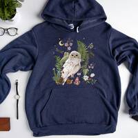 MYSTICAL SNOWY OWL Hoodie, Magical Floral Owl Hooded Sweatshirt, Cottagecore Sweater, Forest Bird Ho