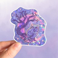Holographic Fantasy Owl Tree Vinyl Sticker | Celestial Nature Art