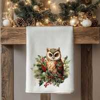 Christmas Owl Hand Towel | Cute Kitchen Decor, Holiday Bathroom Accent