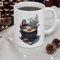 Witchy Winter Owl Mug, Simmering Winter Blessings Coffee Cup, Gift for Tea Witch, Christmas Cottagec