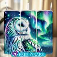 Northern Lights Owl Tumbler Wrap: Aurora Borealis Spirit Animal 20 Oz Skinny Tumbler Sublimation PNG