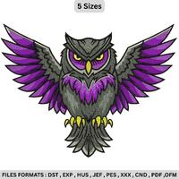 Mascot Purple Owl Embroidery Design, Digital File for Machine Embroidery on Black Textile, Realistic