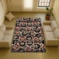 Cute Owl Pattern Rug | Modern Kids Room Carpet with Colorful Stripes & Black Owls | Playful Boho