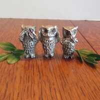 Vintage Trio Miniature Metal Owls  See No Evil  Hear No Evil  Speak No Evil