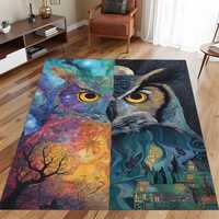 Fantasy Owl Art Rug: Colorful Day and Night Galaxy Carpet