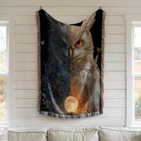 Owl Moon Blanket: Woven Cotton, Navy and Copper Night Art