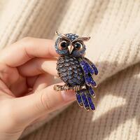 Vintage Owl Brooch: Blue Rhinestone Crystal Bird Pin