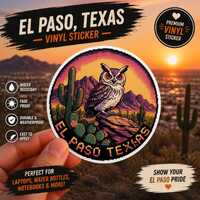 El Paso Texas Owl Sticker: Southwestern Cactus Art