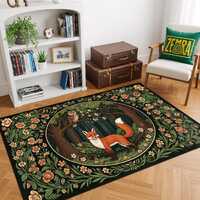 Art Nouveau Fox and Owl Rug – Forest Animal Carpet with Floral Frame, Enchanted Woodland Desig