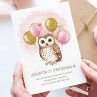 Owl Birthday Canva Invite Template, Watercolor Party, Girl Birthday Invite, Cute Owl, Balloons, Edit