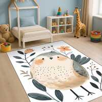 Scandinavian Owl Rug – Cute Bird Illustration in Soft Beige and Gray Tones, Minimal Kids Room