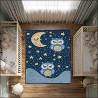 Washable Celestial Owl Nursery Rug, Navy Blue Moon & Stars Kids Playroom Carpet Decor, Gender Ne
