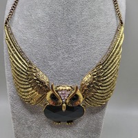 Gold Tone Owl Necklace w/ Black Glass Body & Eyes, Clear Rhinestone Wings