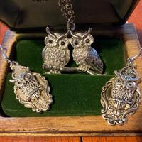 Vintage sparkly rhinestone silvertone double horned owl pendant and drop earrings made from recycled
