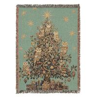 Vintage Whimsical Owls Holiday Woven Tapestry Blanket, Christmas Tree Design