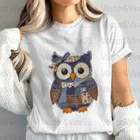 Patchwork Owl PNG, Fabric Owl Clipart, Cute Owl Png, Button Eyes Owl, Owl With Bow, Sublimation Png,