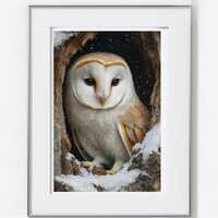 Rustic Barn Owl in Snowy Hollow Painting - Moody Winter Woodland Printable Art, Realistic Woodland D