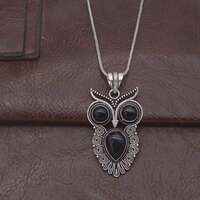 Vintage Owl Pendant Necklace, Boho Silver Owl Jewelry, Black Stone Owl Necklace for Women, Antique S