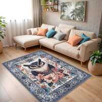 Elegant Owl and Floral Art Digital Printed Rectangular Rug | Bohemian Blue Border Carpet | Washable