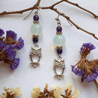 Original Beaded earrings for her, Owl Pendant earrings, Moonstone earrings, Birthstone gift for girl