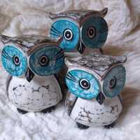 Large Carved Wooden Owls Set of 3