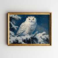 Serene Snowy Owl in Winter Woodland - Moody Realistic Painting, Rustic Winter Decor, Snow-Dusted Pin