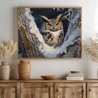 Moody Woodland Owl Art - Rustic Winter Scene, Great Horned Owl in Snow, Realistic Nature Painting, P