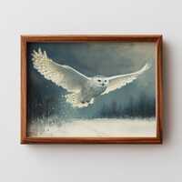Rustic Snowy Owl in Flight Painting - Moody Winter Wall Art, Nature-Inspired Decor, Soft Neutrals Bi